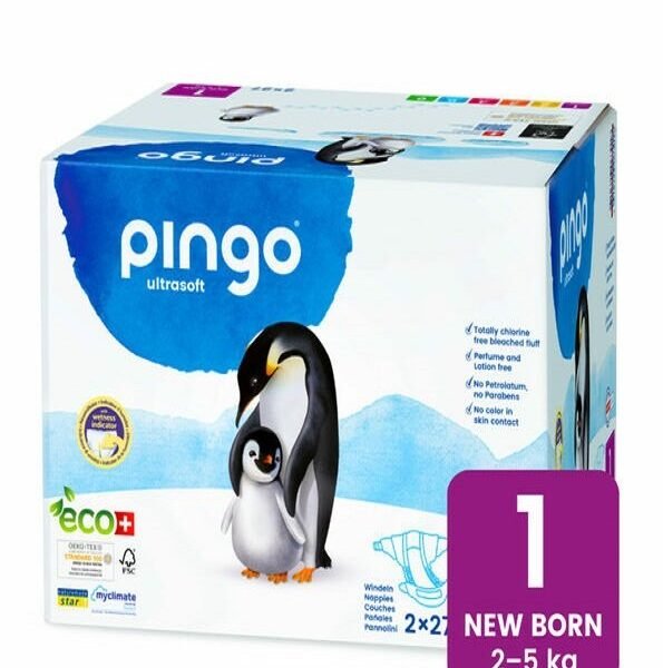 Pingo Newborn Jumbo Taille1– 2-5KG  –2 Sachets de 27 Couches = Lingettes Offertes