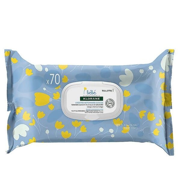 Klorane - Lingettes nettoyantes douces pour le corps au Calendula apaisant - Bébé - Peau normale à sèche 70 u