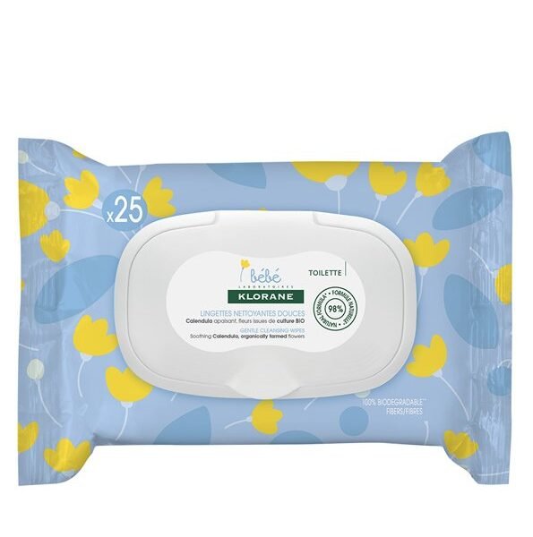 Klorane - Lingettes nettoyantes douces pour le corps au Calendula apaisant - Bébé - Peau normale à sèche 25 u