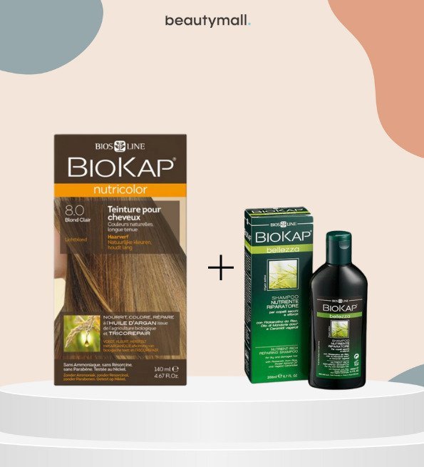 BIOKAp8.0-pack-1.jpg Biokap nutricolor 8.0 140ml+shampoing nourissant reparateur 100ml pack – Image 1
