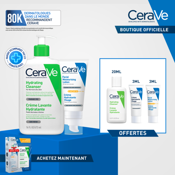 CeraVe Crème Lavante Hydratante Peau Normale à Sèche 473ml + Crème Hydratante Spf50 = 3 Miniatures Offertes