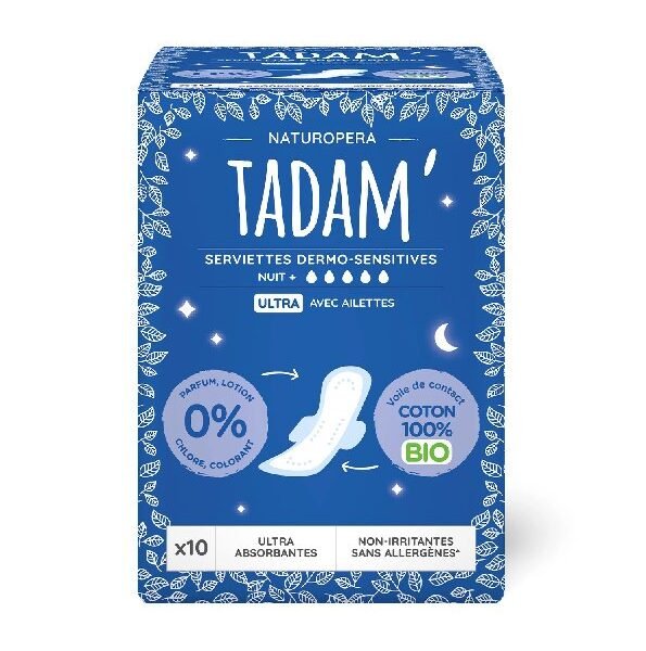Tadam Serviette Ultra Coton Bio Nuit+ 10un