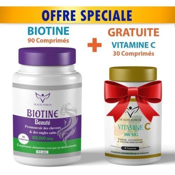 HEALTH POWER BIOTINE Beauté 90 Comprimés + Vitamine C 30 Comprimés OFFERT