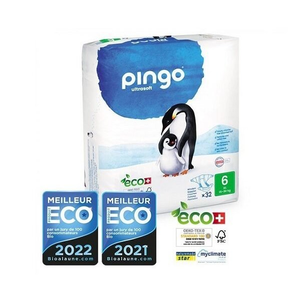 PINGO COUCHES ÉCOLOGIQUES JETABLES XL TAILLE 6 (15-30KG) 32 COUCHES